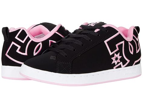 DC Court Graffik W - Women's Skate Shoes : Black/White/Pink : A modern classic, the DC Court Graffik W casual shoes deliver with a clean silhouette and bold logo detail. Casual sneakers with heavy-duty suede, sturdy action nubuck, or soft and resilient action leather upper for abrasion-resistance and durability. Foam-padded tongue and collar for added comfort and support. Textile lining offers breathability. Internal elastic tongue holders for added foot stability. Rubber cupsole with iconic pil Womens Dc Shoes, 2000s Dc Shoes, Dc Shoes High Tops, Pink Dc Shoes Outfit, Mcbling Sneakers, Cute Affordable Shoes, Dcs Shoes, Woman’s Shoes, Skate Vibes Aesthetic