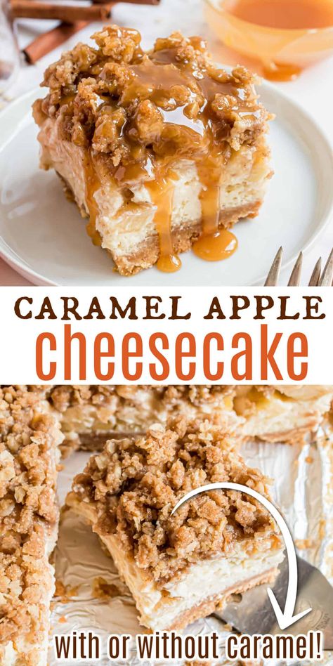 Carmel Apple Cheesecake Bars, Caramel Apple Crisp Cheesecake, Gooey Desserts, Apple Crisp Cheesecake, Apple Cheesecake Bars, Caramel Apple Cheesecake Bars, Caramel Apple Crisp, Caramel Apple Cheesecake, Apple Cheesecake