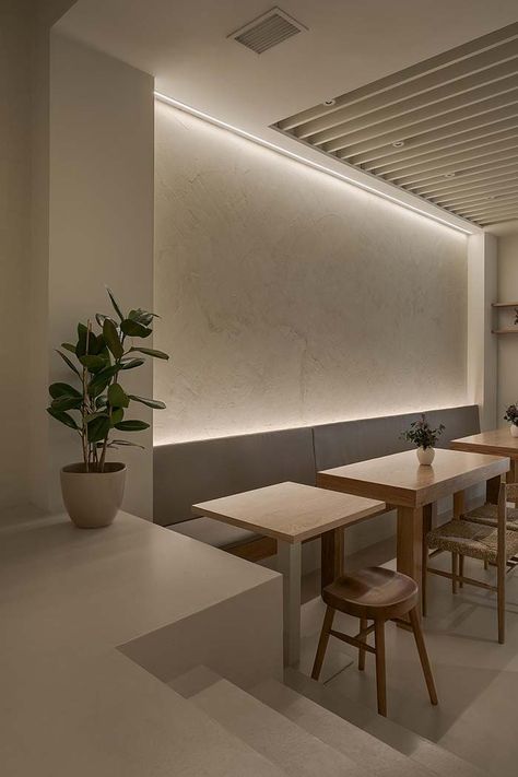 Pumper Pontevedra Vegan Cafe by Nan Arquitectos Cafeteria Interior Design, Bar Architecture, Caffe Design, Architecture Barcelona, Cafe Designs, Lighting Restaurant, Office Cafeteria, Coffee Bakery, Cafeteria Design