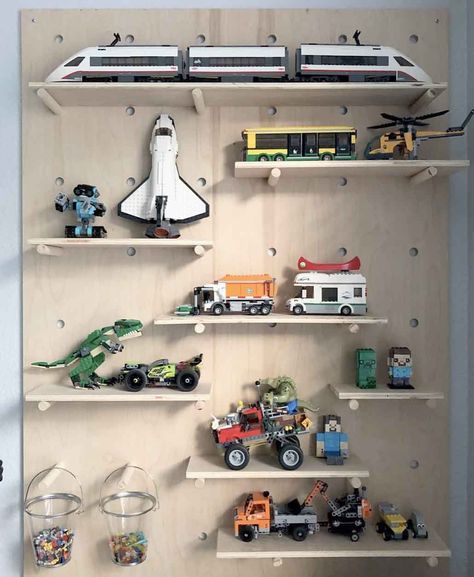 Lego Organizer, Large Pegboard, Wooden Pegboard, Pegboard Display, Lego Organization, Minimalist Shelves, Lego Wall, Lego Display, Organizer Ideas