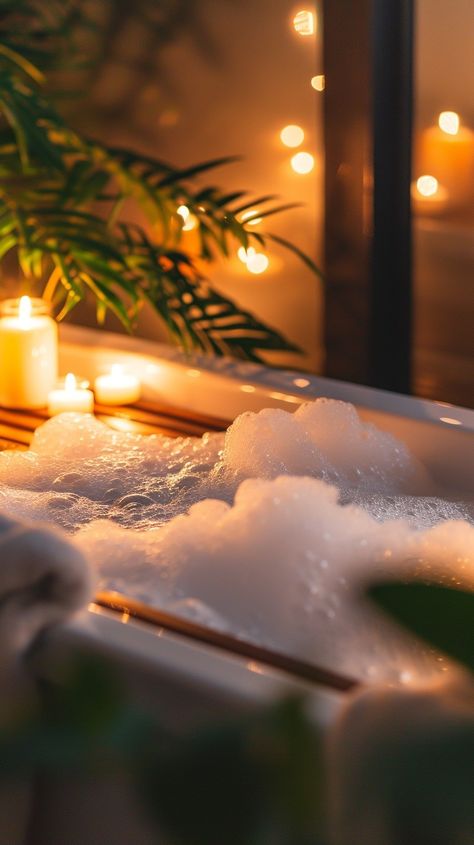 Relaxing Bubble Bath: A tranquil evening scene featuring a bubble bath lit by the soft glow of candles. #bathroom #candles #relaxation #tranquility #bubbles #bath #evening #warm #aiart #aiphoto #stockcake https://ayr.app/l/u1iB Evening Self Care Aesthetic, Bubble Bath Self Care, Bubble Bath Aesthetic Night, Relaxing Bath Aesthetic, Candle Lit Bath, Romantic Bubble Bath, Romantic Bathtub, 33th Birthday, Bubble Bath Aesthetic