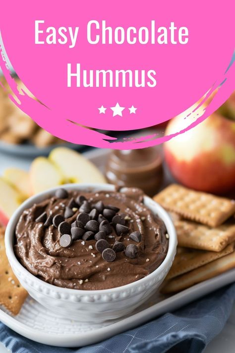 A close-up of a bowl of healthy chocolate hummus dip, topped with chocolate chips, ideal for a quick and delicious dessert. Chocolate Hummus Recipes, Sweet Hummus Recipe, Sweet Hummus, Hummus Dip Recipe, Hummus Recipes, Chocolate Hummus, Dessert Dip, Hummus Dip, Dessert Dips