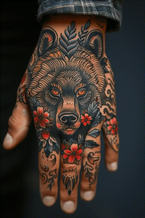 Fierce Bear Tattoo Ideas With Strong Symbolism Bear Tattoo Ideas, Traditional Tattoo Man, Forearm Tattoos For Men, Herren Hand Tattoos, Traditional Hand Tattoo, Traditional Tattoo Drawings, Trad Tattoos, Native Tattoos, Traditional Style Tattoo