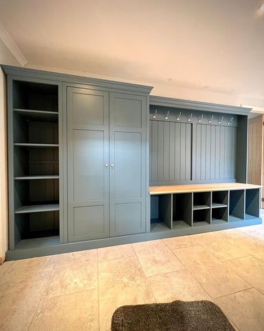 XL Shelved Boot Room Bench Combination – Ely Farmhouse Furniture Large Storage Room Ideas, Utility Room Floor To Ceiling Cupboards, Bootroom Ikea Hack, Boot Room Hallway Ideas, Ikea Hack Boot Room, Large Mud Room Ideas, Hallway Cupboard Storage Ideas, Boot Room Ideas Entrance, Cloakroom Ideas Coats