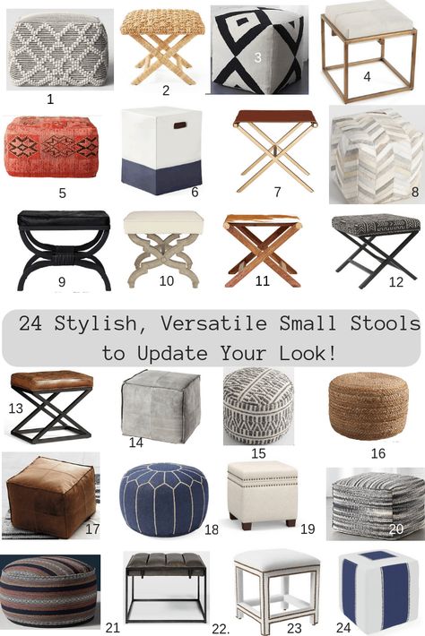 24 Small Stools To Update Your Look -  and provide extra seating #stools #poufs #footstools #ottomans #livingroom #decorClassic Casual Home Pouf Ottoman Living Room, Rattan Pouf, Pouf Design, Small Ottoman, Living Room Stools, Upholstered Stool, Small Stool, Floor Pouf, Small Room Design