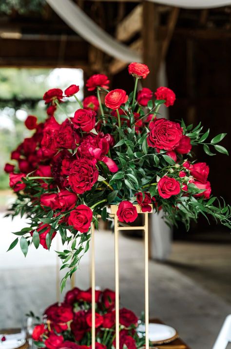 Red Rose Centrepiece, Tall Red Flower Arrangements, Red Roses And Eucalyptus Centerpiece, Red Roses Aisle Decor, Red Roses And Greenery Centerpiece, Red Flower Decoration Wedding, Red Floral Centerpieces Wedding, Red Rose Wedding Florals, Red Flower Decor