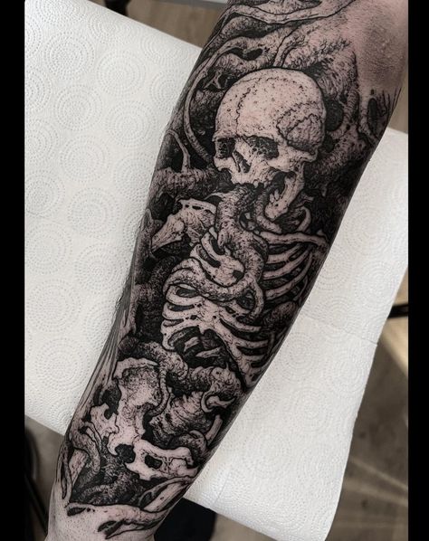 Goth Guy Tattoos, Gothic Black Work Tattoo, Gothic Forearm Tattoos Men, Dark Skeleton Tattoo, Gothic Horror Tattoo, Scary Tattoos For Men, Gothic Forearm Tattoo, Forearm Skull Tattoo, Black Work Tattoo Sleeve