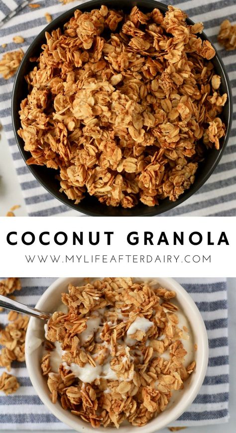 This crunchy, homemade coconut granola comes together with 6 ingredients for an easy to make breakfast or snack recipe. Clusters of oats and coconut are held together with honey, coconut oil, and vanilla for a delightfully crisp and crunchy granola. #dairyfree #granola #homemade Honey Granola Recipe, Coconut Granola Recipe, Vanilla Granola, Granola Recipe Healthy, Honey Granola, Granola Recipe Homemade, Almond Granola, Crunchy Granola, Dessert Aux Fruits