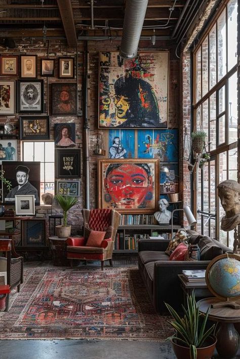 Eclectic Industrial Living Room, Industrial Home Aesthetic, Bohemian Home Interior, Eclectic Cafe Design, Home Bar Wall Art, Vintage Eclectic Home Decor Ideas, Moody Apartment Aesthetic, Eccentric Home Decor, Punk Interior Design