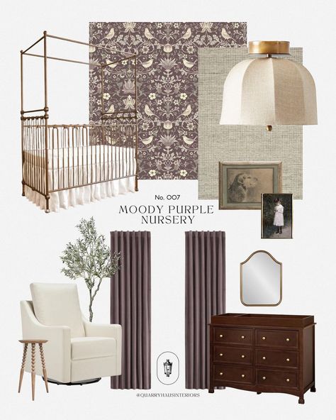 Moody Nursery Girl, Moody Nursery, Moody Floral Wallpaper, Dark Nursery, Purple Nursery Girl, Moody Purple, Vintage Girl Nursery, Girl Nursery Wallpaper, Nursery Guest Room