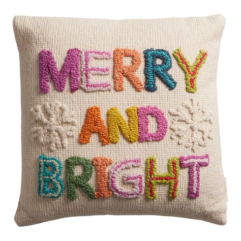 Ivory Multicolor Tufted Merry And Bright Throw Pillow - World Market Colorful Christmas Decorations, Rainbow Tree, Rainbows Christmas, Christmas Inspo, Christmas Pillows, Whimsical Christmas, Merry Little Christmas, Salad Plate, Christmas Aesthetic