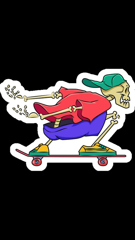 Many people love to skateboard, even this cool skeleton in colorful clothes. He isn't afraid to fall and get a bruise, so he can do a variety of tricks! The cool sticker with Skeleton on Skateboard!. Skater Cartoon Art, Cartoon Skateboard Drawing, Skater Paintings, Skate Art Illustration, Skater Art Drawing, Skate Doodles, Skateboard Drawings, Skateboarding Drawing, Skateboarding Illustration