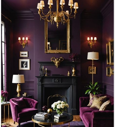 Deep Purple Living Room Ideas, Plum And Gold Living Room, Green And Aubergine Living Room, Purple Black And Gold Living Room, Purple Moody Living Room, Dark Purple Accent Wall Living Room, Dark Plum Wall Color, Dark Purple Library Aesthetic, Deep Purple Living Room