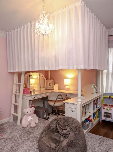 Loft Bed With Curtain, Loft Bed Canopy Ideas, Canopy Loft Bed Ideas, White And Gold Loft Bed, Loft Bed Privacy Curtains, Room Ideas Loft Bed Small Bedrooms, Loft Bed Rooms Idea, Loft Bed Bedrooms, Loft Bed Tent