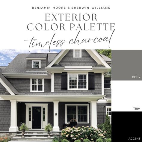 Exterior Paint Color Palette - Timeless Charcoal Exterior Paint Color Palette, Dark Grey Houses, Grey Exterior House Colors, Exterior Gray Paint, Gray House Exterior, Exterior Color Palette, Exterior House Color, Pintura Exterior, Exterior Paint Color