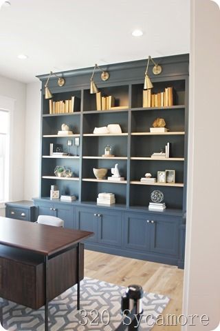 Off Black- Farrow and Ball Blue Office Built Ins, Built In Bookcases, Modern Coastal Farmhouse, Built In Bookshelves, Office Bookshelves, Office Built Ins, Built In Shelves Living Room, Living Room Built Ins, Blue Office