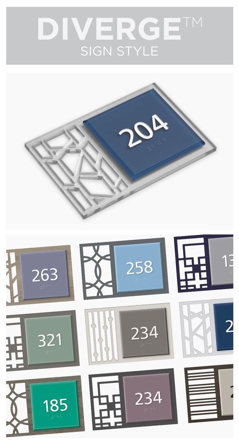 Diverge is a stunning ADA signage collection with 7 different cut-out patterns to choose from. The faceplate is made from frosted acrylic with a beveled edge, available in over 80 color choices. Pylon Signage, Ada Signage, Restroom Signs, Room Signage, Hotel Signage, Ada Signs, Locker Designs, Name Plates For Home, Architectural Signage