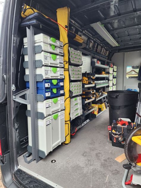 Talk about awesome Festool Systainer and other tool organizations. Systainer Organization, Festool Systainer, Van Organization, Van Shelving, Mobile Workshop, Van Storage, Commercial Van, Shelving Accessories, Festool Tools