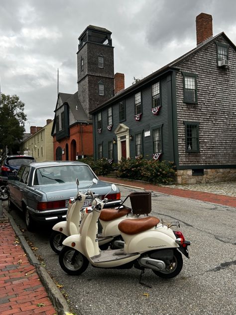 #fallaesthetic #fall #autumn #oldcar #moped #newport #cloudy #cloudyaesthetic #brick #bricksidewalk #oldhouse #oldhouselove Rhode Island Fall, Brick Sidewalk, Newport Rhode Island, Fall Travel, Rhodes, Rhode Island, Old Cars, Fall Autumn, Newport