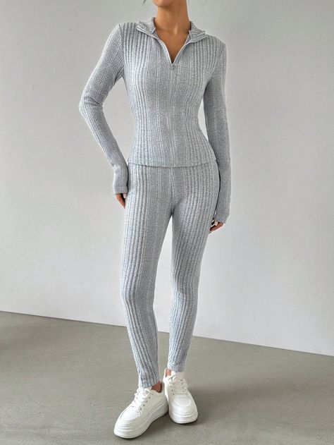 1pc Gray Women Knitted Jumpsuit Grey Casual    Plain  High Stretch  Women Clothing, size features are:Bust: ,Length: ,Sleeve Length: Knitted Jumpsuit, Knit Jumpsuit, Scoop Neck Tee, Elegant Dresses Long, Grey Women, Newest Trends, Elegant Dress, All Fashion, Summer Women