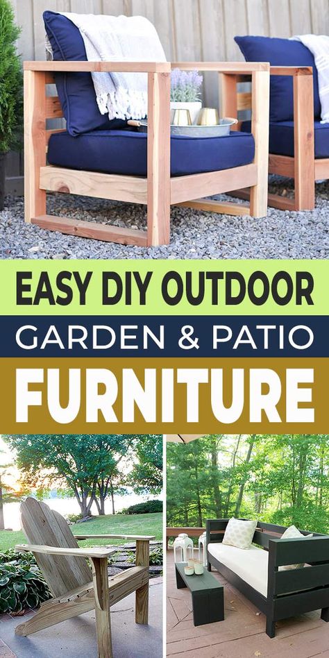 Easy DIY Outdoor Patio Furniture Plans & Ideas • The Garden Glove Patio Furniture Plans, Diy Outdoor Garden, Diy Outdoor Patio, Diy Patio Furniture Ideas, Diy Outdoor Furniture Plans, Diy Patio Furniture Cheap, Patio Furniture Ideas, Diy Garden Furniture, Diy Gardening