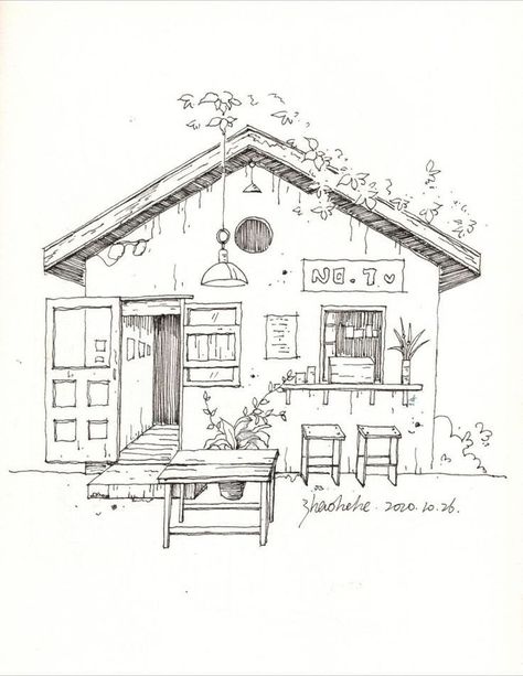 Cottage Sketches Pencil, Drawing Buildings Sketch Simple, Building Facade Illustration, Architecture Sketch Simple Building, Small House Sketch, Worlds Collide Art, Building Drawing Simple, Building Sketches Simple, Fun Sketches Ideas