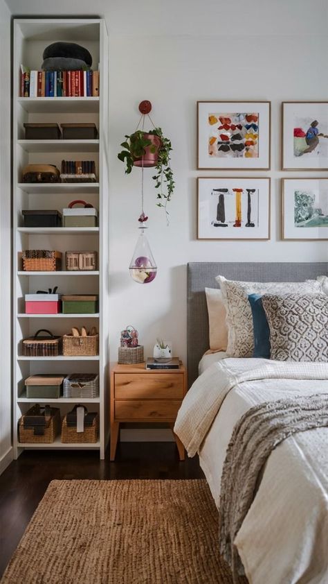 Create Storage In Small Bedroom, Bedding Ideas Small Bedroom, Vertical Storage Bedroom, Bedroom Storage Wall Ideas, Storage For Books In Bedroom, Utilize Small Space Bedroom, Diy Bedroom Storage For Small Rooms, Bedroom Small Bookshelf Ideas, Open Shelf Organization Bedroom