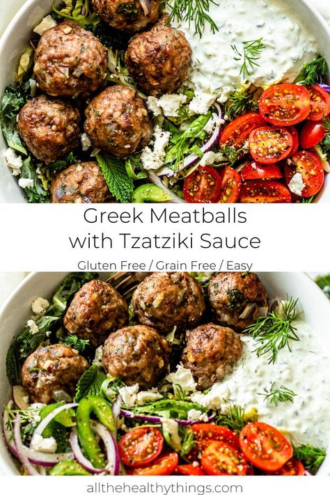 Greek Meatball Bowl Recipe, Tzatziki Sauce Meals, Greek Ground Chicken Bowls, Clean And Healthy Recipes, Fresh Kitchen Recipes, Greek Low Carb Recipes, What To Eat With Tzatziki Sauce, Recipes Using Tzatziki Sauce, Meatball Lunch Prep