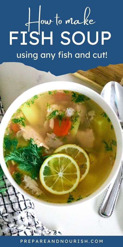 This Easy Fish Head Soup is a simple Ukha recipe that is nourishing, satisfying, and delicious. Ukha is a Russian or Ukranian soup made with fish, potatoes, carrots, and fresh herbs. It's light and refreshing yet the broth and fish will keep you and your whole family full and satisfied. This fish soup is a comforting dish with a mild but pleasant flavor and is ready to be served in under 30 minutes. Fish Broth Soup, Fish Noodle Soup, Fish Head Soup Recipes, Tilapia Soup Recipes, Fish Soups And Stews, Healthy Fish Soup, Fish Soup Recipe Easy, Chinese Fish Soup Recipe, Easy Fish Soup