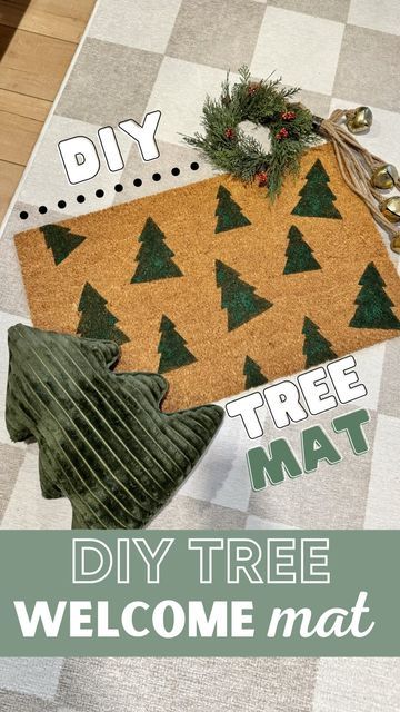 Kelsey + Ryan Mansingh | DIY & Renovation on Instagram: "Easy DIY holiday doormat 🎄I used the color BEHR Vine Leaf and stencil brushes- it was SO EASY! #holidaydiy #christmasdiy #diy #diycraft #christmascraft #holidaycraft" Diy Christmas Rug Painting, Christmas Welcome Mat Diy, Holiday Door Mats Diy, Diy Gingerbread House Doormat, Doormat Ideas Christmas, How To Make A Doormat, Holiday Doormat Diy, Christmas Door Mat Ideas Diy, Diy Painted Doormat Christmas