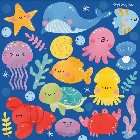 Sea Animal Illustration, Fish Kawaii, Sea Doodles, Ocean Jellyfish, Doodles Illustration, Fish Nature, Posca Marker, Instagram Drawing, Cocoppa Wallpaper