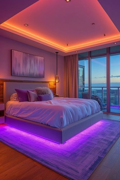 Led Light Setup, Ideas Para Decorar Cuarto, Lighting Bedroom Ideas, Room Ideas Led Lights, Rooms Cute, Led Mood Lighting, Interior Transformation, Beachy Room Decor, Sunrise Colors