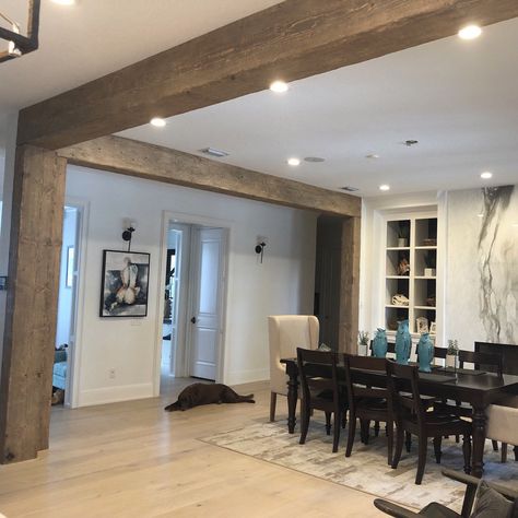 Exposed wood beams and posts!! 😍 #exposedwoodbeams #woodbeams #woodposts #lentil Beam Ideas, Ceiling Beams Living Room, Exposed Wood Beams, Beams Living Room, Rustic Fireplace Mantels, Wood Columns, Faux Beams, Faux Wood Beams, Rustic Fireplaces