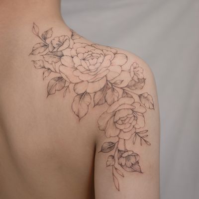 Yuhwa • Tattoo Artist • Tattoodo Peony Shoulder Tattoos For Women, Anastasia Tattoo, Cherry Blossom Tattoo Shoulder, Someday Tattoo, Arm Wrap Tattoo, Floral Tattoo Shoulder, Wrap Tattoo, Soul Tattoo, Tattoo Templates