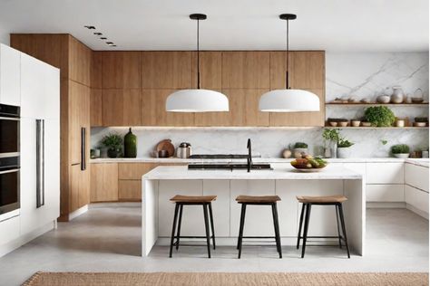 Modern kitchen with wooden cabinets, white countertops, and three wooden stools at a central island. Kitchen Inspiration Scandinavian, Kitchen Nordic Style, Kitchen Scandinavian Style, Zen Interior Design, Small Space Ideas, Scandi Kitchen, Functional Kitchen Design, Kitchen Design Small Space, Kitchen 2024