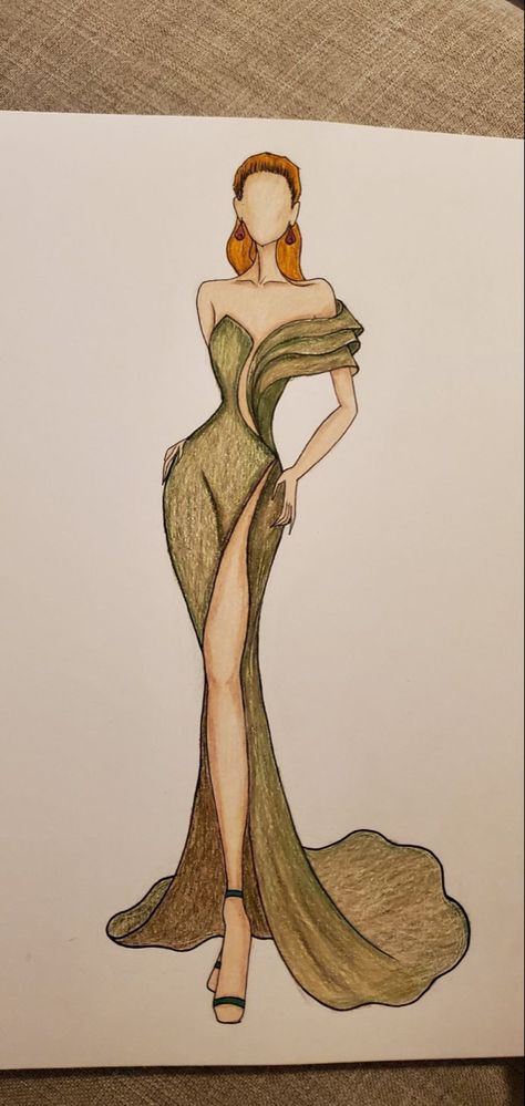 Fashion Illustration Colour Pencils, How To Colour Dress Sketch, Fashion Croquis Drawing, Sketch Of Dresses Design, Model Dresses Drawing, Fashion Inspo Outfits Drawing, Outfit Model Drawing, Pencil Fashion Sketches, Fashion Models Sketch