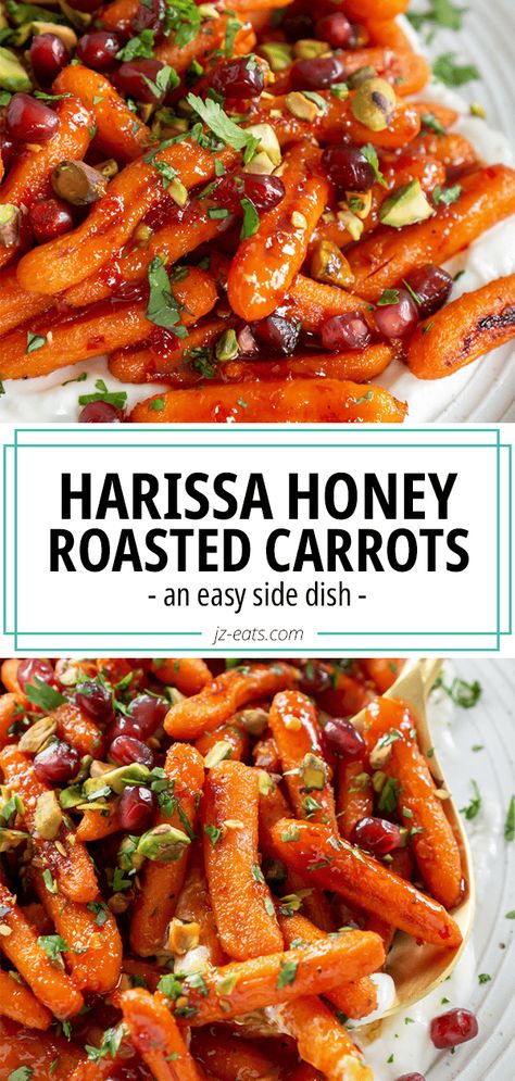 honey roasted carrots on a white plate Roasted Carrots Pomegranate, Honey Harrisa Carrots With Whipped Feta, Honey Harissa Carrots, Harissa Vegetables, Pomegranate Carrots, Carrot Harissa, Roasted Carrots With Feta, Spiced Roasted Carrots, Harissa Carrots