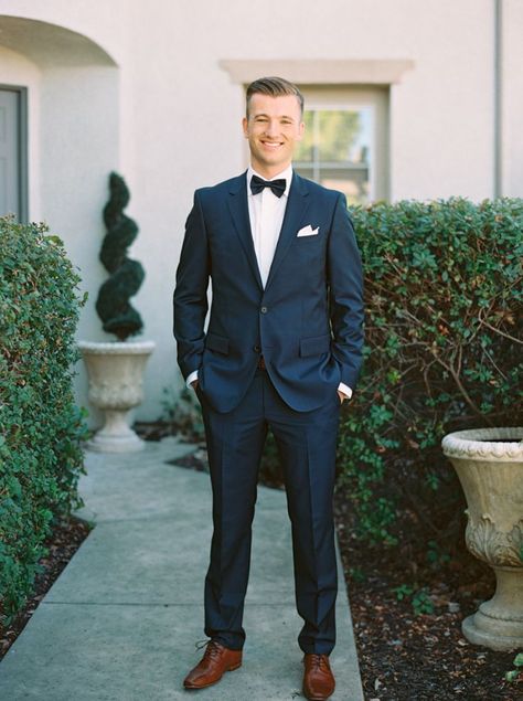 Navy Blue Suit Groom, Blue Suit Bow Tie, Blue Suit Brown Shoes, Blue Tuxedo Wedding, Blue Groomsmen Suits, Groom Blue Suit, Navy Blue Tuxedos, Blue Groomsmen, Navy Groom