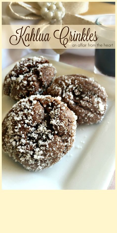 Kahlua Crinkles Kahlua Crinkles, Coffee Flavored Cookies, Kahlua Recipes, Flavored Cookies, Boozy Desserts, Cookie Brownie Bars, Coffee Cookies, Crinkle Cookies, Think Food