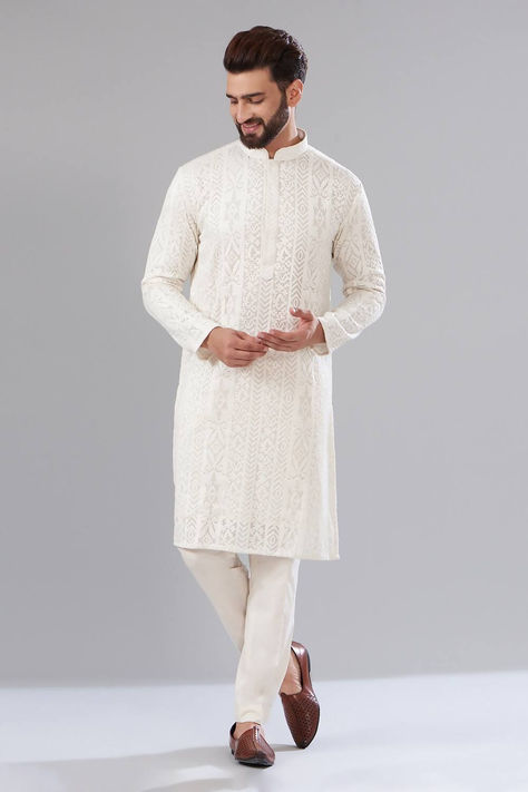 White Georgette Embroidered Chikankari Work Casual Kurta Styles For Men Simple White Kurta For Men, White Embroidery Kurta For Men, White Chikankari Kurta For Men, White Kurta Men, Chikankari Kurta For Men, White Chikankari Kurta, Blue Jacket Style, Chikankari Work, Chikankari Kurta