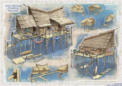 ArtStation - Polynesian Fishing Village, Fedja Hodzic Feng Zhu Design, Feng Zhu, Mid Term, House Drawing, Prop Design, Ancient Architecture, Environment Design, Fishing Villages, Environment Concept Art