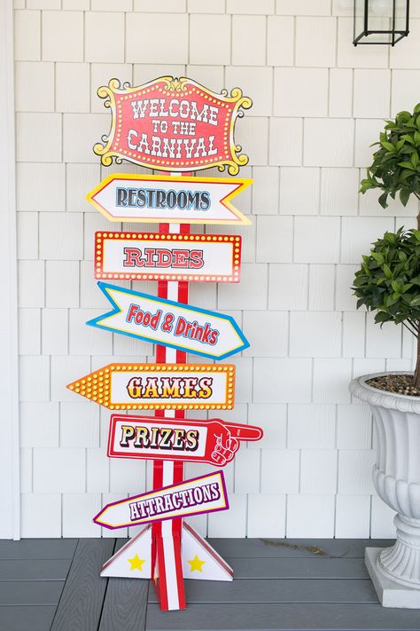 Jillian Harris Leo's Birthday Carnival Booth Design, Diy Carnival Signs, Carnival Display, Carnival Banner Ideas, Backyard Circus, Carnival Signage, Welcome To The Carnival Sign, Canva Theme, Carnival Themed Corporate Event