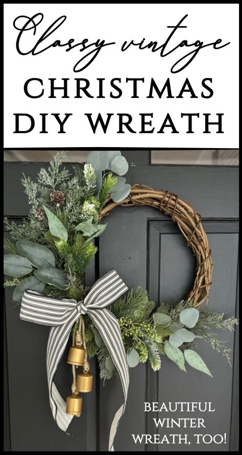 Here's an easy DIY Christmas wreath that you can make with just a few supplies! Create a classy vintage style Christmas wreath with a gorgeous assortment of faux winter stems, a ticking strip bow and bells! This is also a beautiful winter DIY wreath you can create for after Christmas January decor! Winter Wreath With Bells, Easy Diy Christmas Wreath, Winter Home Decor Diy, Diy Winter Wreath, Wreath With Bells, Christmas Decorations Farmhouse, January Home Decor, After Christmas Decor, January Decor