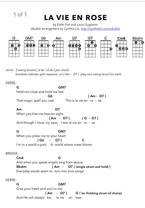 La vie en rise uke tabs key of G La Vie En Rose Ukulele Chords, Ukulele Worship Songs, Ukulele Fingerpicking Songs, Ukulele Tabs Songs, Chords Piano, Ukelele Chords Ukulele Songs, Ukulele Fingerpicking, Ukulele Songs Beginner, Songs Ukulele