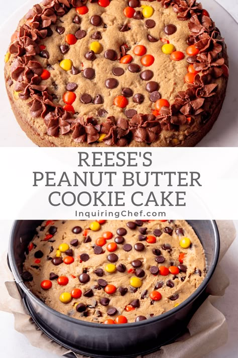 Reese Cookie Cake, Cookie Cake In Springform Pan, Reese's Recipes Desserts, Peanut Butter Chocolate Chip Cookie Cake, Chocolate Peanut Butter Cookie Cake, Reese’s Peanut Butter Cookie Cake, Reeses Pieces Cake Birthdays, Reese’s Cookie Cake, Easy Reeses Peanut Butter Cake