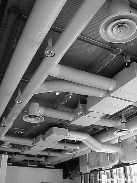 Exposed Ceiling Services                                                                                                                                                      More Office Ceiling Light, Exposed Ductwork, Hvac Ductwork, Exposed Ceiling, Hvac Design, Exposed Ceilings, Grey Ceiling, Office Ceiling, Light Diffuser