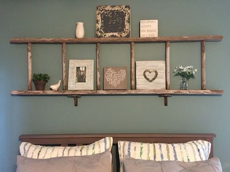 Decor With Ladders, Blanket Ladder Repurposed, Ladder Headboard Ideas, Hanging Blanket Ladder On Wall, Hanging Ladder On Wall, Ladder On Wall Decor, Ladder Repurpose Ideas, Wooden Ladders Ideas Decor, Ladder Coat Rack