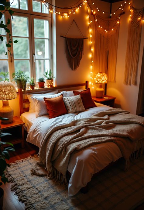 Boho Bedroom with Curtain Lights Warm Lighting Bedroom, Cozy Boho Bedroom, Cozy Boho, Vibrant Patterns, Sparkling Lights, Lighting Setups, Curtain Lights, Canopy Bed, How To Give