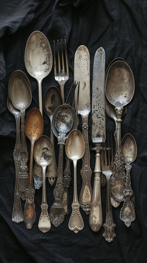 Antique Silverware Collection: A vintage assortment of tarnished silver spoons, forks, and knives displayed on a dark fabric. #antique #silverware #vintage #spoons #forks #knives #tarnished #collection #aiart #aiphoto #stockcake https://ayr.app/l/fLL2 Spoon Display, Forks And Knives, Monochrome Color Palette, Antique Silverware, Dark Fabric, Vintage Cutlery, Vintage Spoons, Tarnished Silver, Forks And Spoons