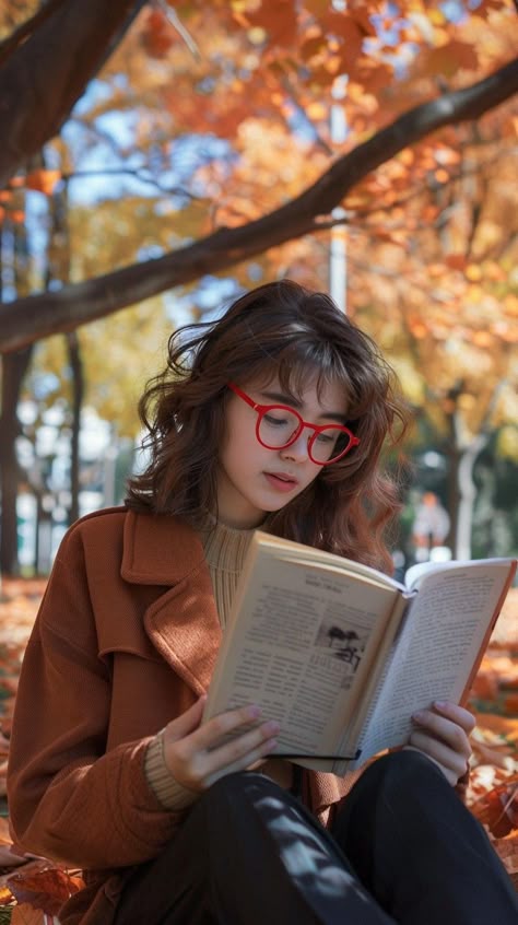 Autumn Reading Bliss: A woman engrossed in a book, surrounded by the warm colors of autumn in the park. #autumn #reading #woman #book #park #aiart #aiphoto #stockcake ⬇️ Download and 📝 Prompt 👉 https://ayr.app/l/oa8q Fall Book Pictures, Autumn Fotoshooting Ideas, Fall Park Photoshoot, Bookgirls Aesthetic, Portraits With Books, Poses With Books Photo Ideas, Photography Poses With Books, Autumn Shooting Photo Ideas, Park Pictures Aesthetic